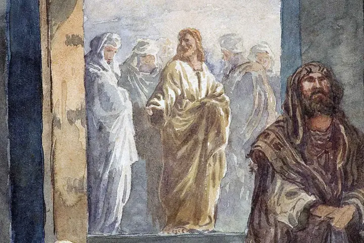 Jezus w złotej szacie przemawia do ludzi, przypominając o głównych prawdach wiary. Obok stoi mężczyzna w brązowym płaszczu.