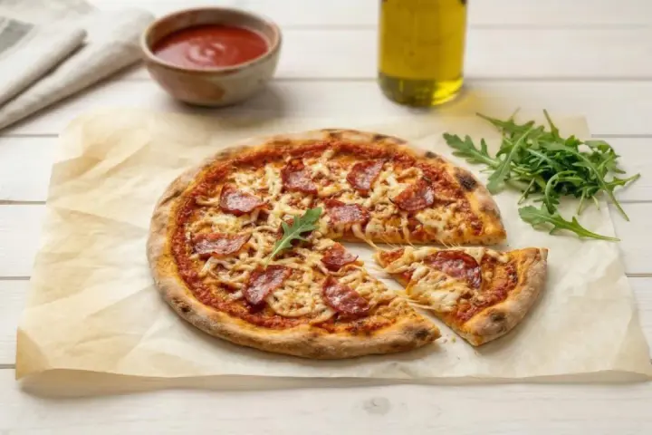 Pyszne, chrupiące ciasto na pizzę bez wyrastania z pikantnym salami i ciągnącym serem. Idealna na szybki obiad.