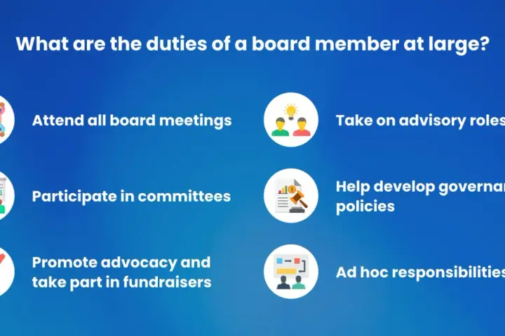 Duties of a board member at large: attend meetings, participate in committees, promote advocacy, take advisory roles, help develop policies, and handle ad hoc responsibilities.