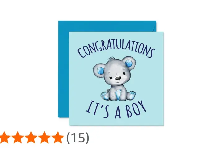 Sött kort till nyfödd med en björn som säger "Congratulations, it's a boy". Perfekt för att fira en ny liten kille!