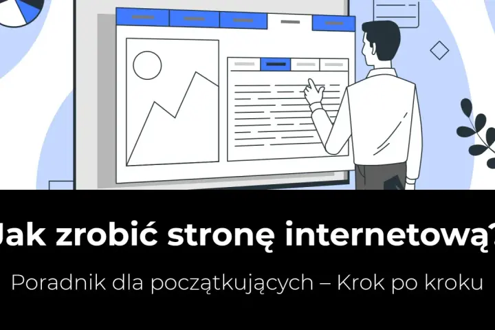 Ilustracja mężczyzny tworzącego stronę internetową na ekranie komputera.