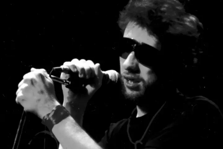 Chanteur d'un groupe irlandais punk, lunettes de soleil, micro en main, sur scène.