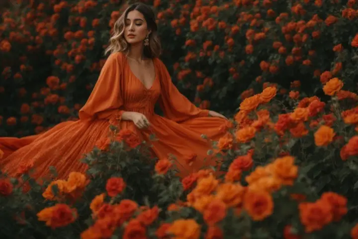 Femme en robe orange, style bobo, au milieu d'un champ de roses orangées.