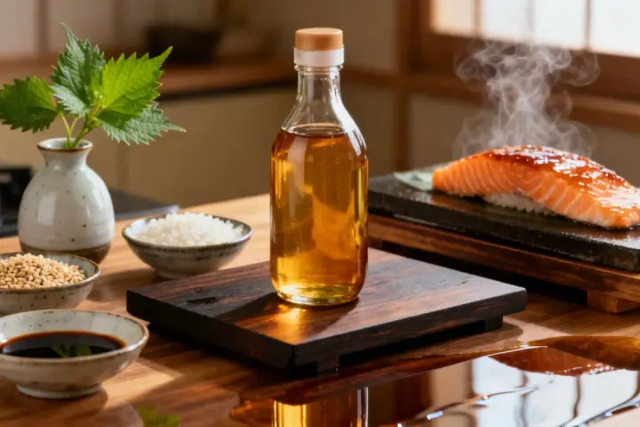 Butelka z płynnym złotem, czyli mirin, stoi obok składników do sushi. To klucz do smaku!