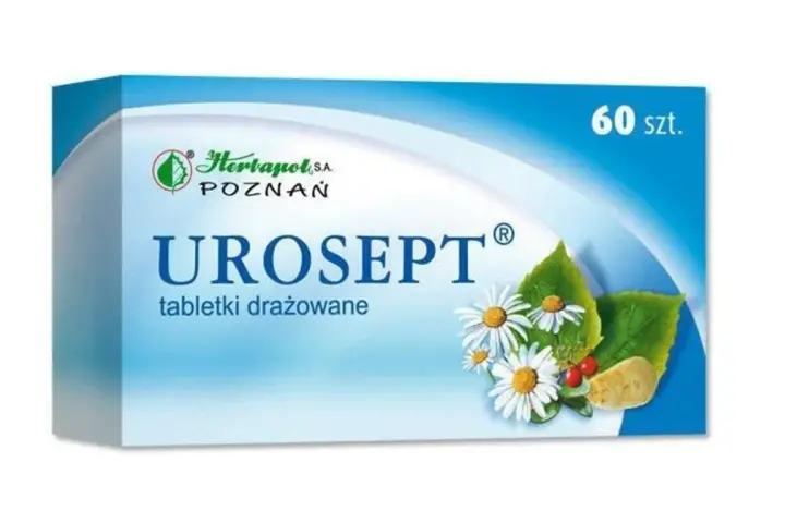 Opakowanie Uroseptu, tabletek drażowanych z rumiankiem i żurawiną, 60 szt. Bezpieczny wybór dla kobiet w ciąży.