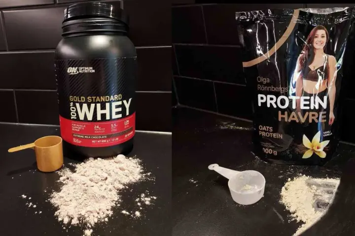Jämförelse av whey 100 vs 80. En burk Optimum Nutrition Gold Standard 100% Whey och en påse Olga Rönnbergs Protein Havre.