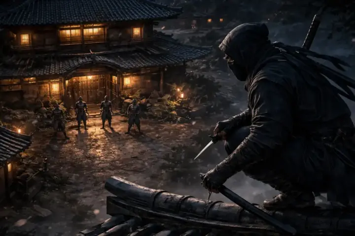 Un ninja acecha desde un tejado, observando a otros guerreros en un pueblo iluminado. La escena evoca la tensión de los juegos de ninjas.