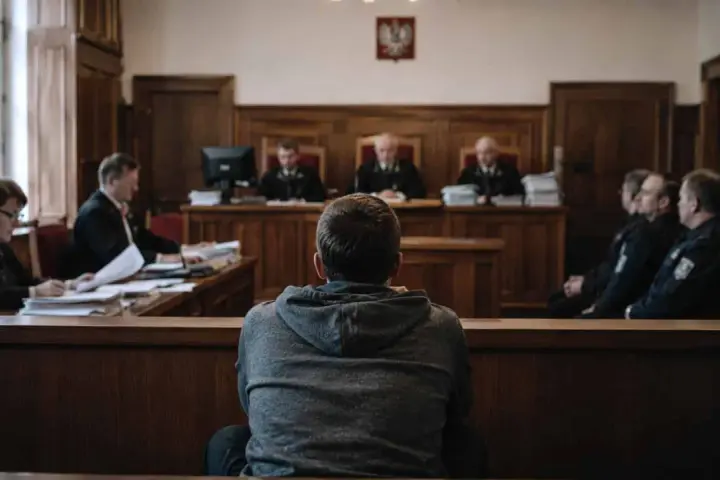 Młody mężczyzna w szarej bluzie siedzi tyłem do widza, w sali sądowej. Jest małym świadkiem koronnym, otoczonym przez sędziów i policjantów.
