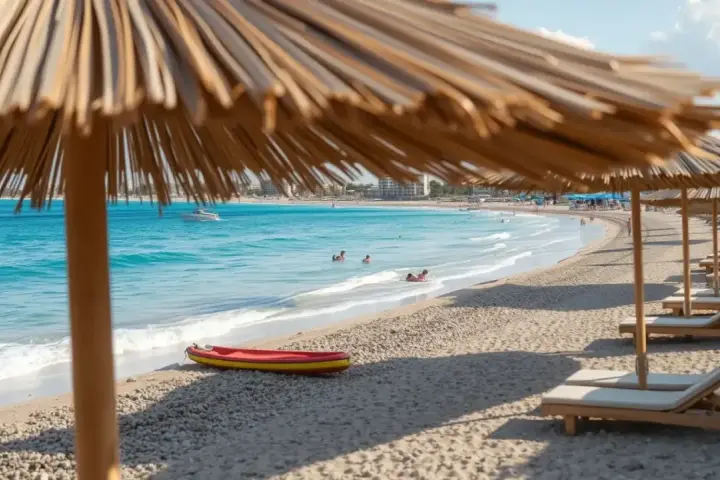 Słoneczny dzień na plaży Nissi Beach. Leżaki pod parasolami, turkusowa woda, kajak i ludzie kąpiący się w morzu.