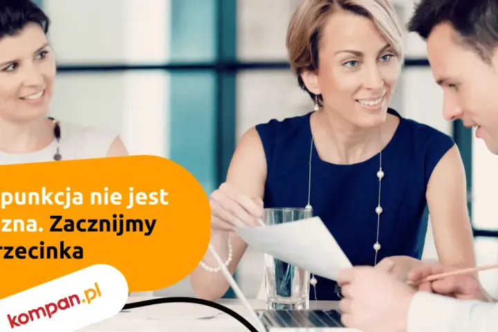 Trzy osoby dyskutują przy biurku. Kobieta w granatowej sukience podaje dokumenty, a napis głosi: "Interpunkcja nie jest straszna. Zacznijmy od przecinka".