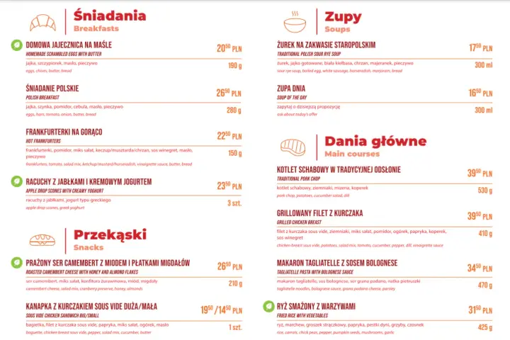 Menu z daniami głównymi, zupami i przekąskami. Wśród pozycji: żurek, kotlet schabowy, makaron tagliatelle, kanapka z kurczakiem.