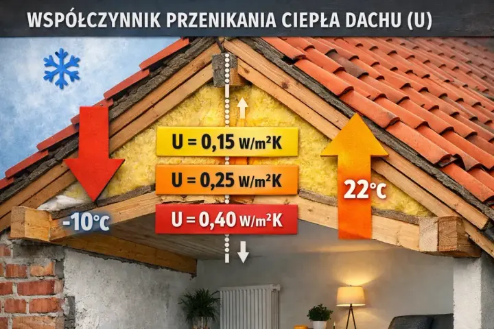Przekrój dachu pokazuje izolację i jej wpływ na współczynnik przenikania ciepła (U). Różne wartości U (0,15, 0,25, 0,40 W/m²K) ilustrują straty ciepła.