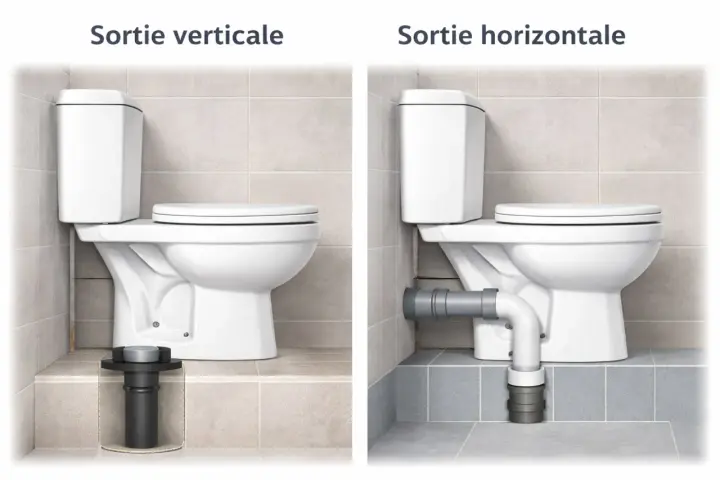 Comparaison de deux installations de toilette sans évacuation : une avec sortie verticale et l'autre avec sortie horizontale.