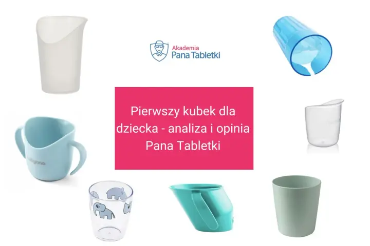 Różne rodzaje kubeczków do nauki picia dla dzieci, w tym z uchwytami i z motywem słoni.