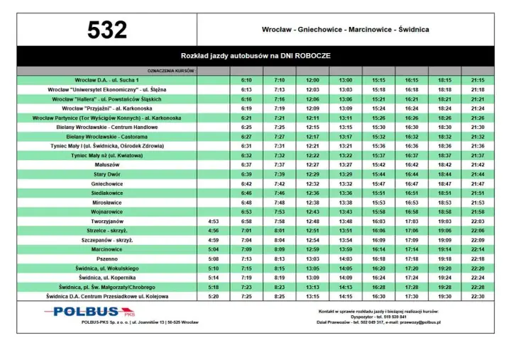 Rozkład jazdy autobusu 137 relacji Wrocław - Gniechowice - Marcinowice - Świdnica.