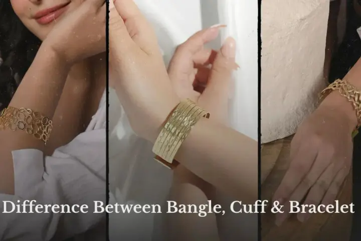 Three women's arms showcase different gold jewelry: a patterned bangle, a hammered cuff, and a delicate bracelet.