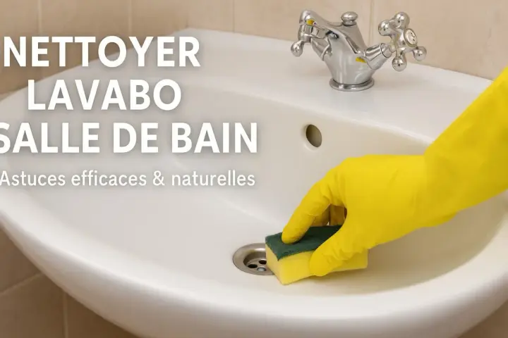 Main jaune nettoyant un lavabo de salle de bain pour enlever le calcaire. Astuces efficaces et naturelles.