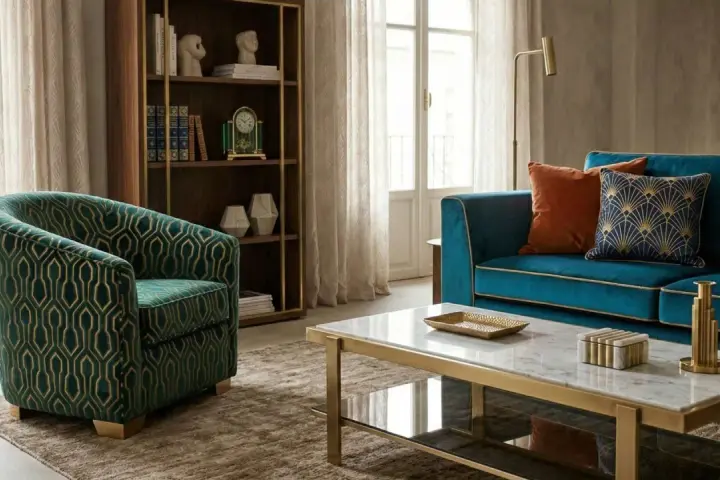 Poltrona verde con motivo geometrico dorato, che ricorda come si fa il velluto, accanto a un divano blu e un tavolino di marmo.