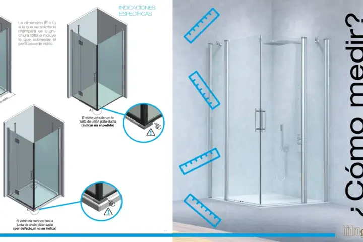 Diagramas de **baños con pared en la ducha** y cómo medir las mamparas.