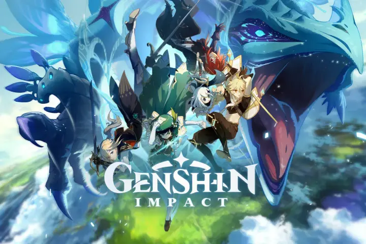 Postacie z Genshin Impact na tle smoka i chmur. Gra dostępna na Xbox One.