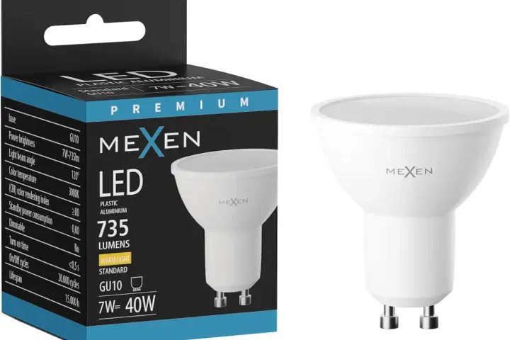 Żarówka LED MEXEN GU10, 7W, 735 lumenów, ciepłe światło. Noryl w obudowie zapewnia trwałość.