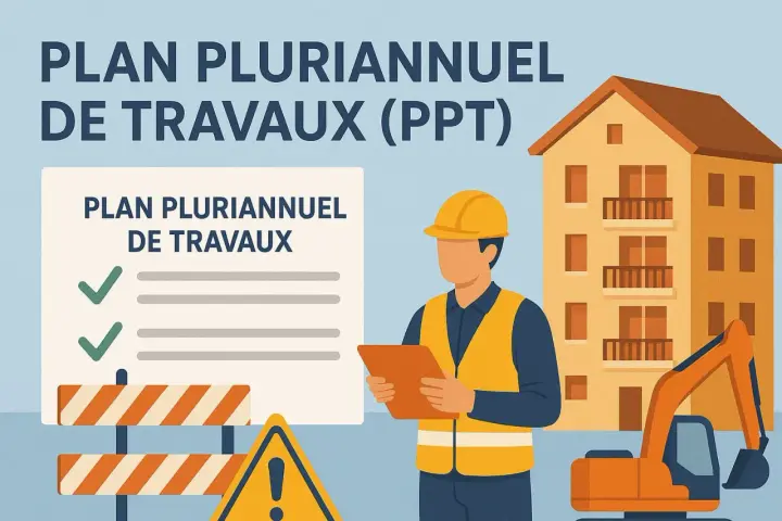 Un ouvrier consulte un plan pluriannuel de travaux devant un immeuble en construction. Une pelleteuse est visible.