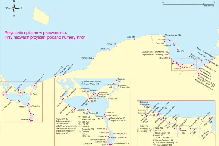 Mapa polskiego wybrzeża z zaznaczonymi przystaniami.