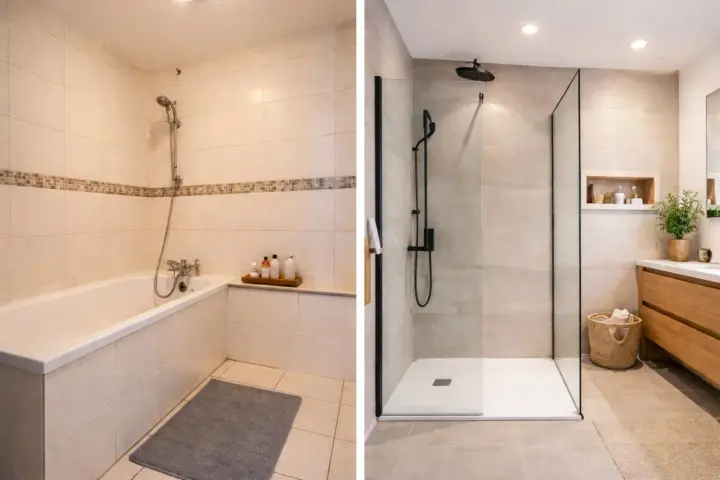 Avant/après : transformation d'une salle de bain avec baignoire en une douche moderne et spacieuse.