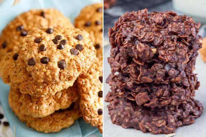 Dos tipos de galletas de avena y chocolate: unas doradas con chispas de chocolate y otras oscuras y húmedas.