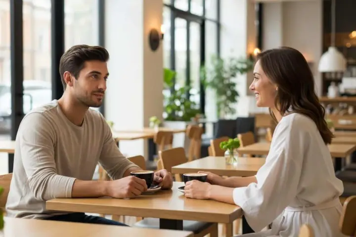 Un homme et une femme sirotent un café, leurs regards échangés suggèrent un signe de désir chez l'homme.