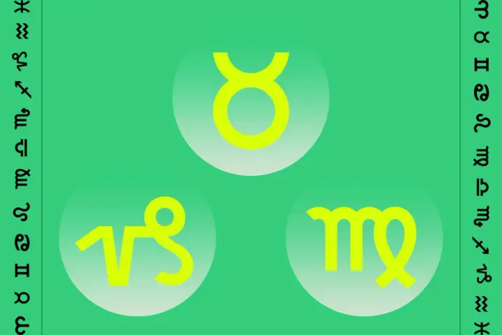Trzy znaki ziemi: Byk, Panna i Koziorożec, otoczone symbolami zodiaku.