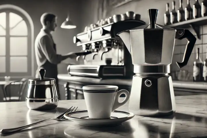 Kawiarka i filiżanka na blacie, barista w tle przygotowuje kawy włoskie.
