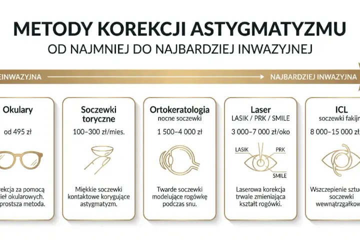 Metody korekcji astygmatyzmu: okulary, soczewki, ortokorekcja, laser, ICL. Od najmniej do najbardziej inwazyjnej, zależnie od wieku i potrzeb.