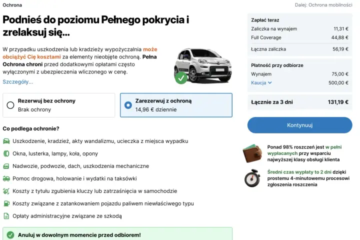 Wybierz pełne pokrycie dla wynajmu samochodu na Sycylii. Ochrona obejmuje uszkodzenia, kradzież i inne zdarzenia.
