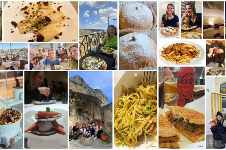 Collage di immagini che mostrano piatti tipici Matera: pasta, dolci, pizza, panini e antipasti, con scorci della città.
