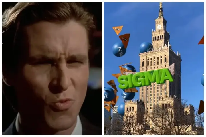 Patrick Bateman z "American Psycho" i Pałac Kultury w Warszawie, nad którym unosi się napis "SIGMA" i przekąski.