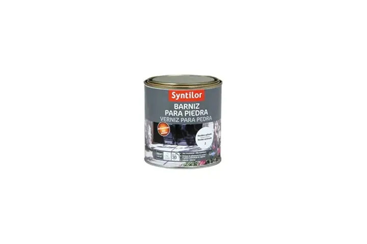 Lata de barniz para piedra Syntilor, ideal para proteger y embellecer superficies exteriores e interiores.