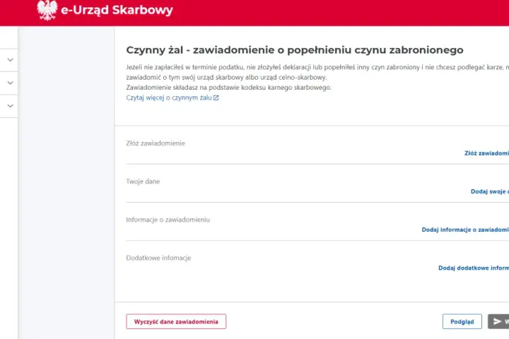 Formularz "Czynny żal - zawiadomienie o popełnieniu czynu zabronionego" w e-Urzędzie Skarbowym. Możesz tu złożyć zawiadomienie, jak napisać czynny żal do urzędu skarbowego.