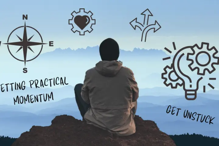 A person sits on a mountaintop, contemplating how to get unstuck. Icons represent direction, heart, choices, and ideas.