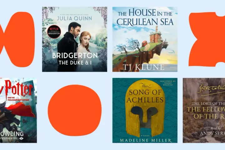 Kolekcja audiobooków po angielsku: "Bridgerton", "Harry Potter", "The House in the Cerulean Sea", "The Song of Achilles", "The Fellowship of the Ring".