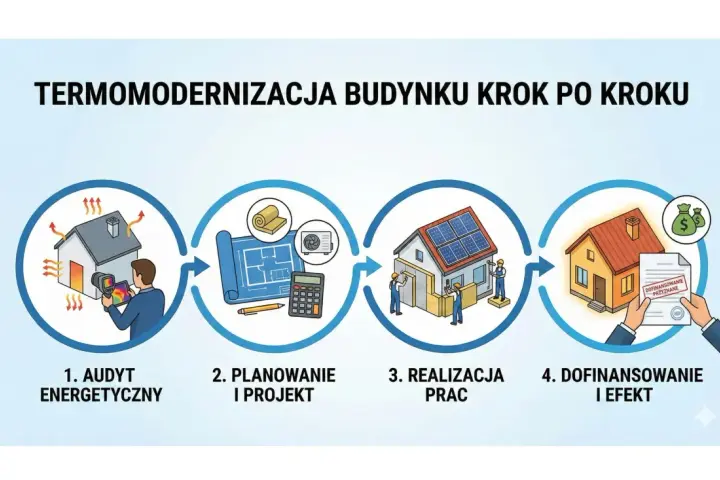 Proces termomodernizacji budynku: audyt, planowanie, realizacja prac, dofinansowanie i efekt.