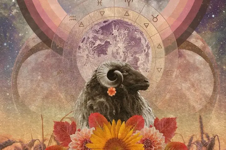 Baran z rogami, ozdobiony kwiatkiem, pod znakiem zodiaku i księżycem. Mars w Baranie symbolizuje energię i odwagę.