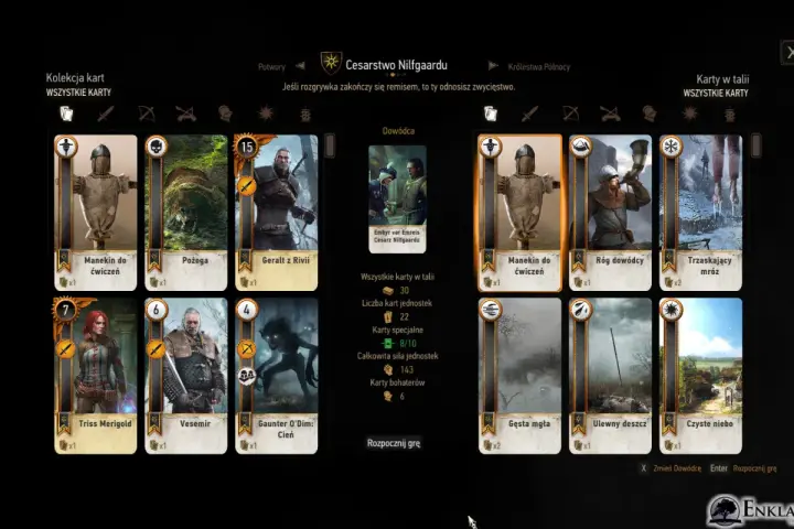 Kolekcja kart Wiedźmin 3: Pełna kolekcja kart Nilfgaardu. Widoczne karty: Geralt, Triss, Vesemir, Pożoga, Manekin do ćwiczeń, Gęsta mgła.