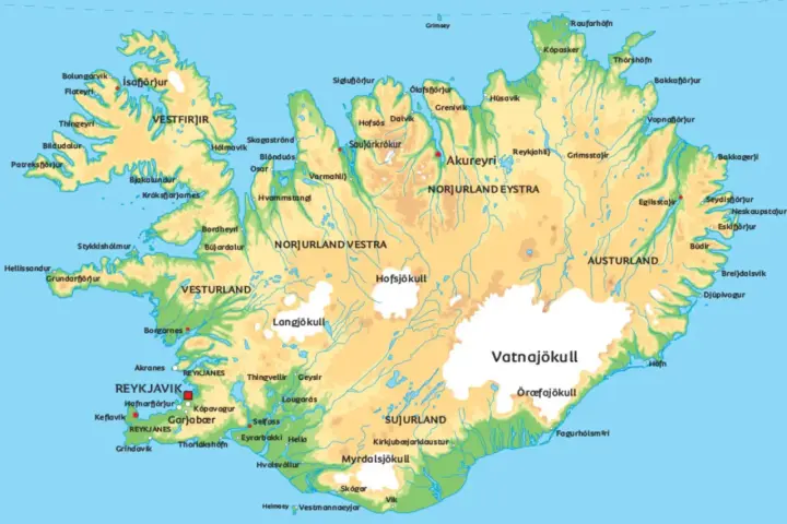 Mapa Islandii z zaznaczonymi miastami jak Reykjavík. Czy na Islandię trzeba mieć paszport? Tak, dla większości podróżnych.