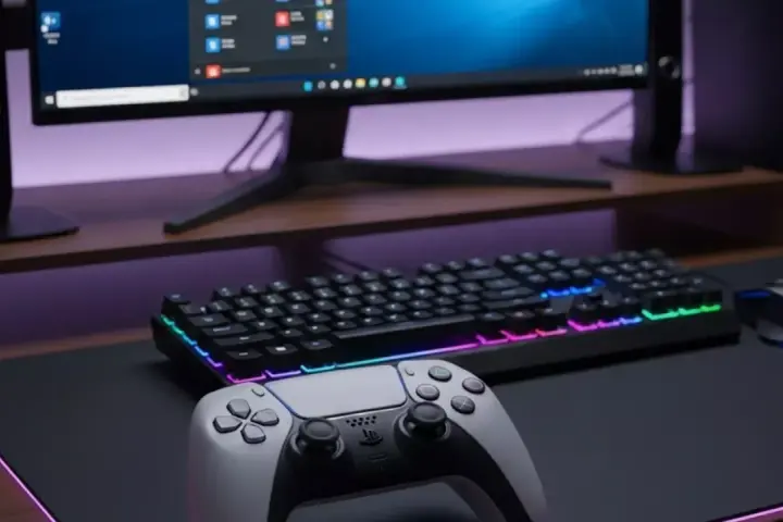 Controller DualSense PS5 pronto per essere collegato al PC. Tastiera e mouse RGB completano la postazione gaming.