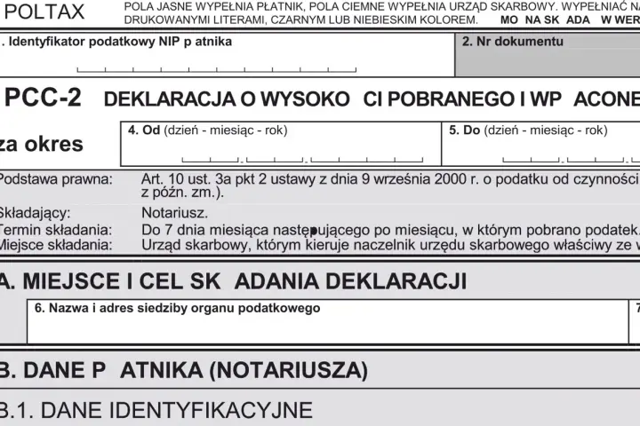Deklaracja PCC-2 o wysokości pobranego podatku od czynności cywilnoprawnych, np. podatek od zakupu nieruchomości.