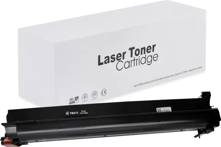 Czarny toner TN213 do drukarki laserowej, zapakowany w białe pudełko z napisem "Laser Toner Cartridge". Certyfikaty ISO i CE.