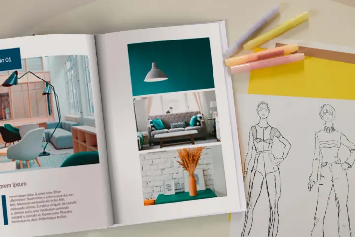 Otwarta księga z inspiracjami: projekt wnętrz i szkice modowe. To moje portfolio.