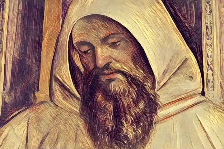 A monk with a long beard, wearing a hooded robe, gazes downwards. This image might accompany 10 facts about St. Benedict.