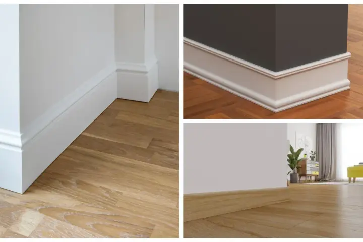Detalles de rodapiés modernos en blanco y madera, mostrando las últimas tendencias para interiores elegantes.